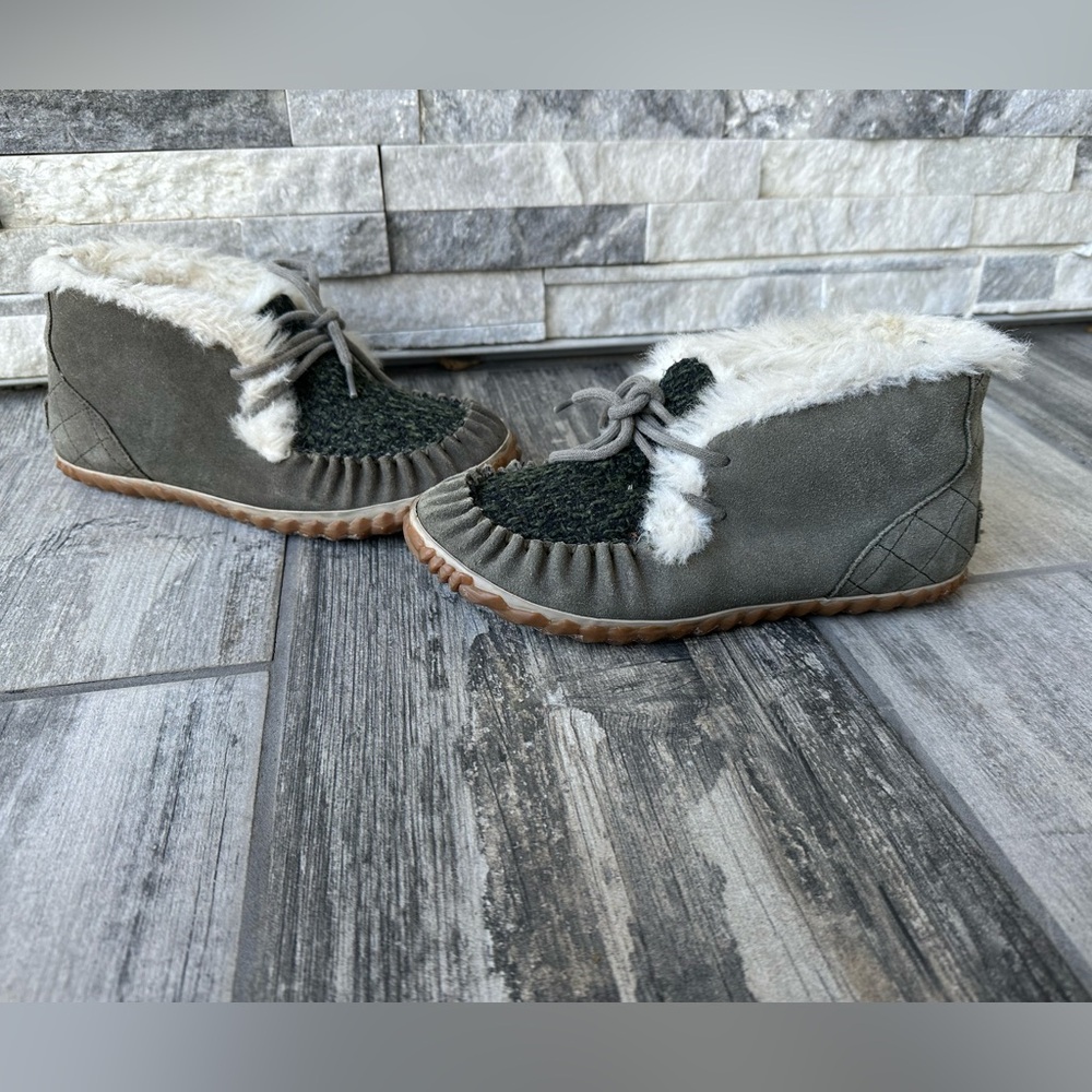 Sorel Out N About Moc Olive Green Suede & Fabric Shearling Lined Moccasin Sz 7 - Picture 5 of 13